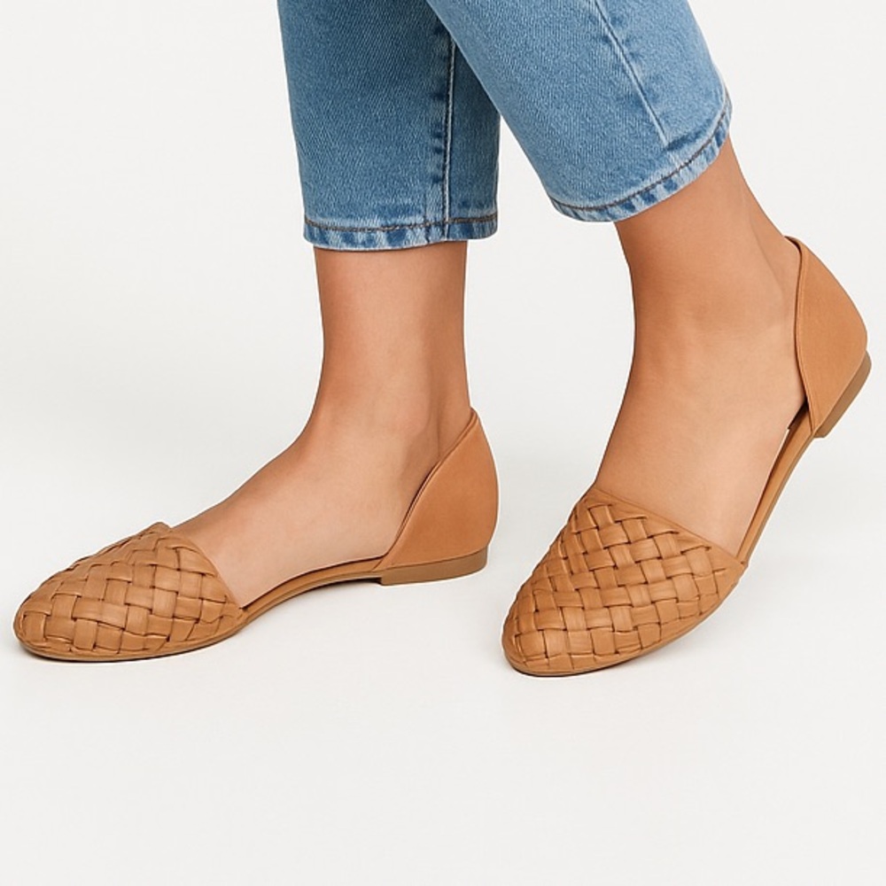 Woven Pointed-Toe d'Orsay Flats in Tan
